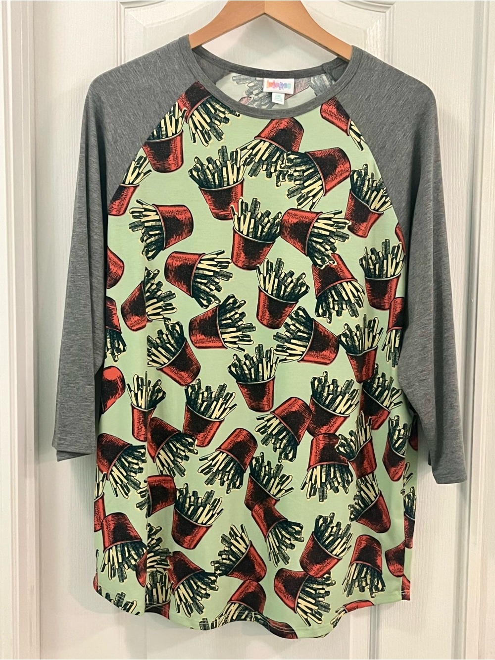 LuLaRoe Irma: 2XL Mint & Gray with Red & Yellow French Fries Print
